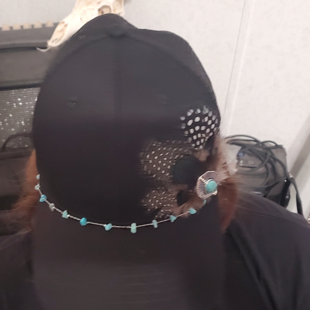 Black Cap with Feather and Turquoise Accents